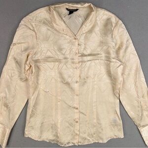 Brooks Brothers Shirt Womens 2 Cream Champagne Silk Monogram Jacquard Luxury